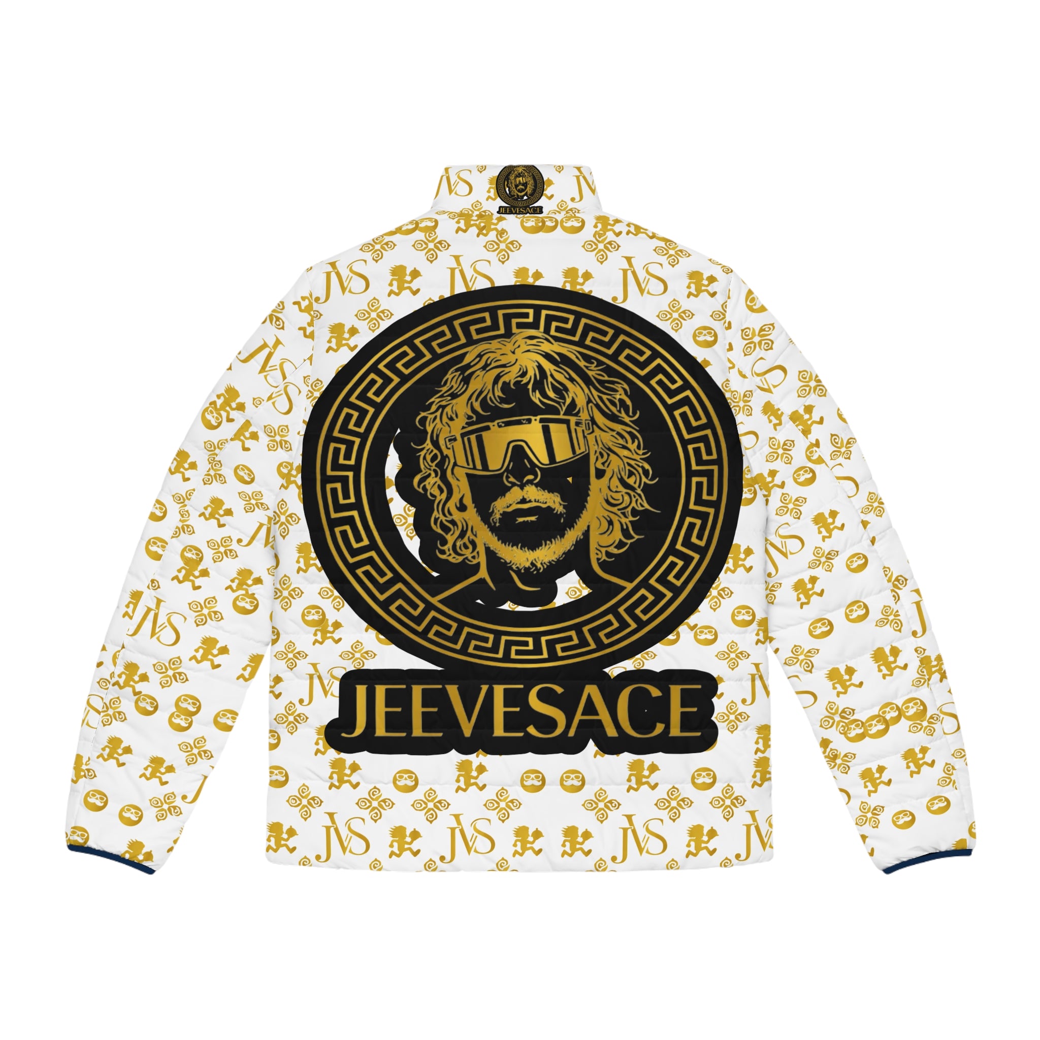 Gold Crest Puffer Jacket — Jeevesace Logo All-Over Print