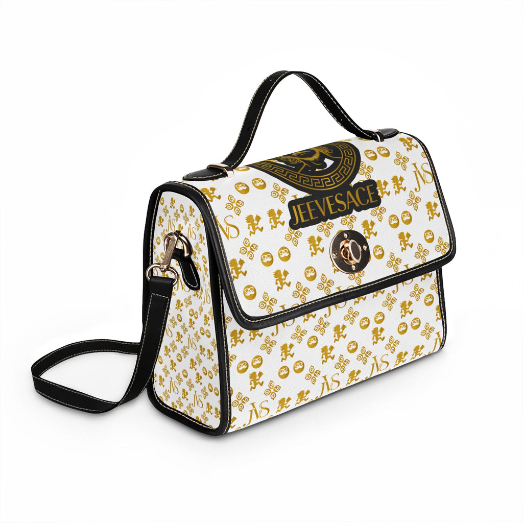 Designer-Inspired Waterproof Canvas Handbag — 'JEEVESACE' Gold Medallion Print