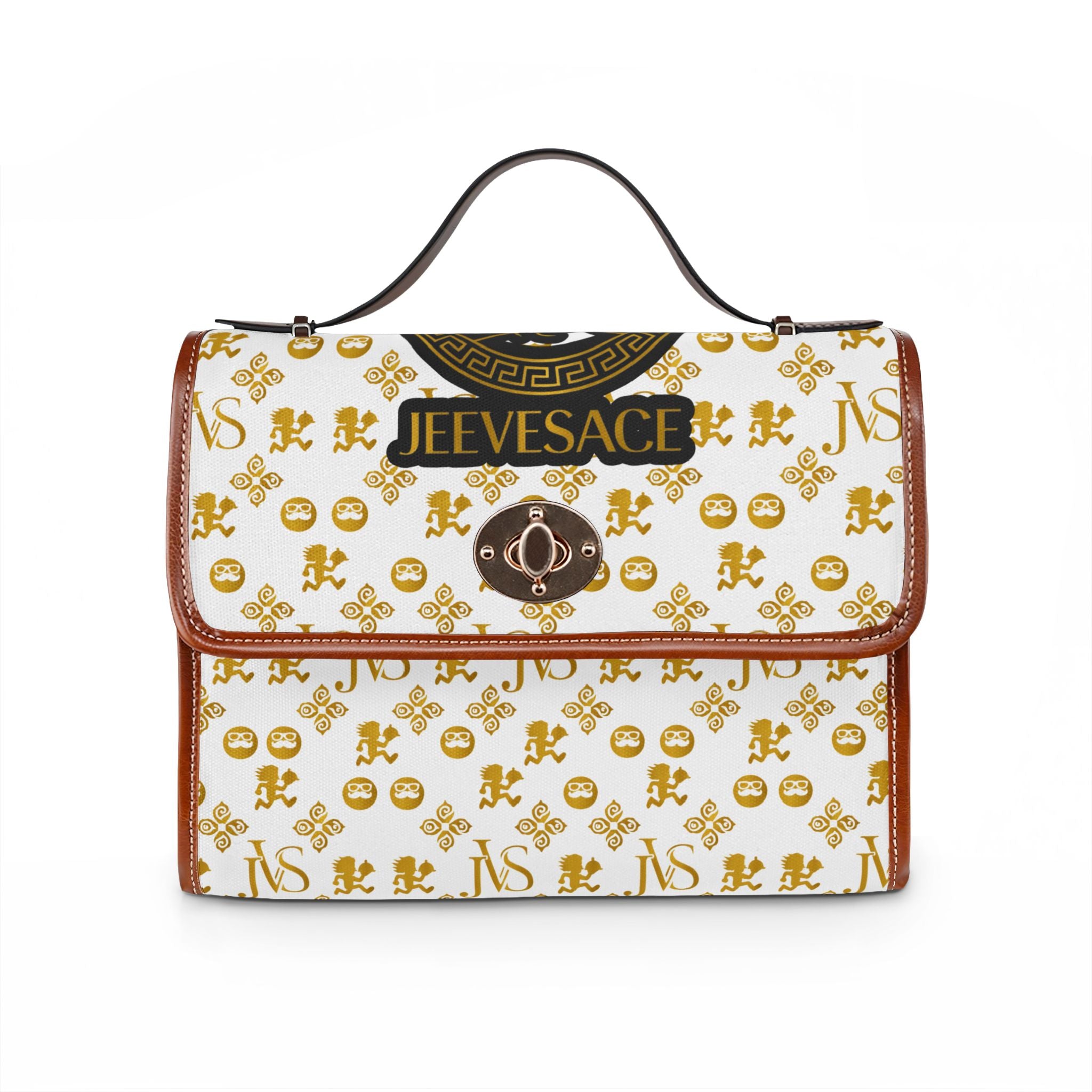 Designer-Inspired Waterproof Canvas Handbag — 'JEEVESACE' Gold Medallion Print