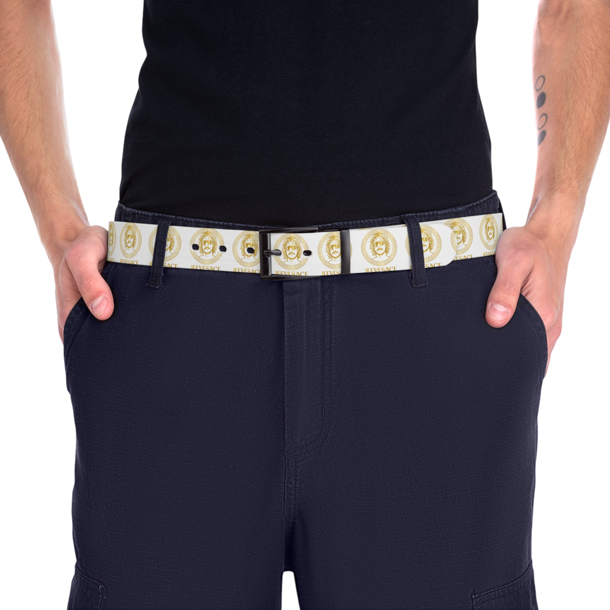 White Gold Coin Print Belt — Fashion Statement Accessory