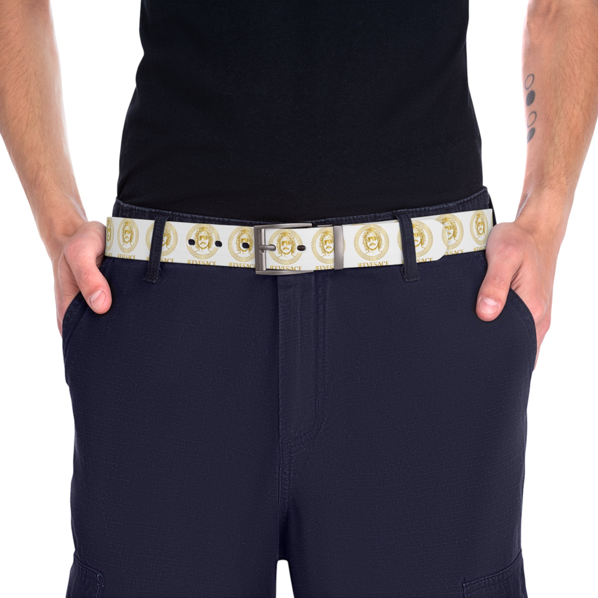 White Gold Coin Print Belt — Fashion Statement Accessory