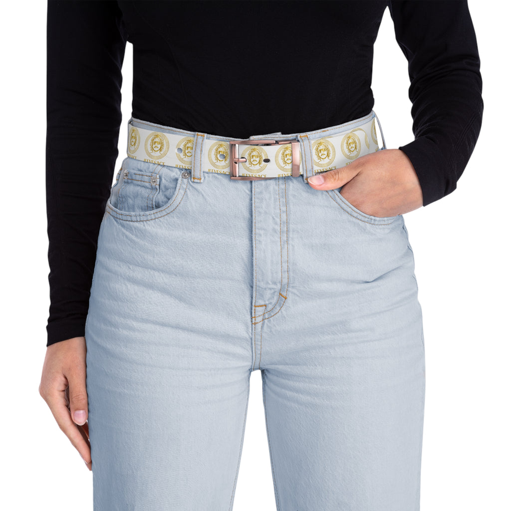 White Gold Coin Print Belt — Fashion Statement Accessory