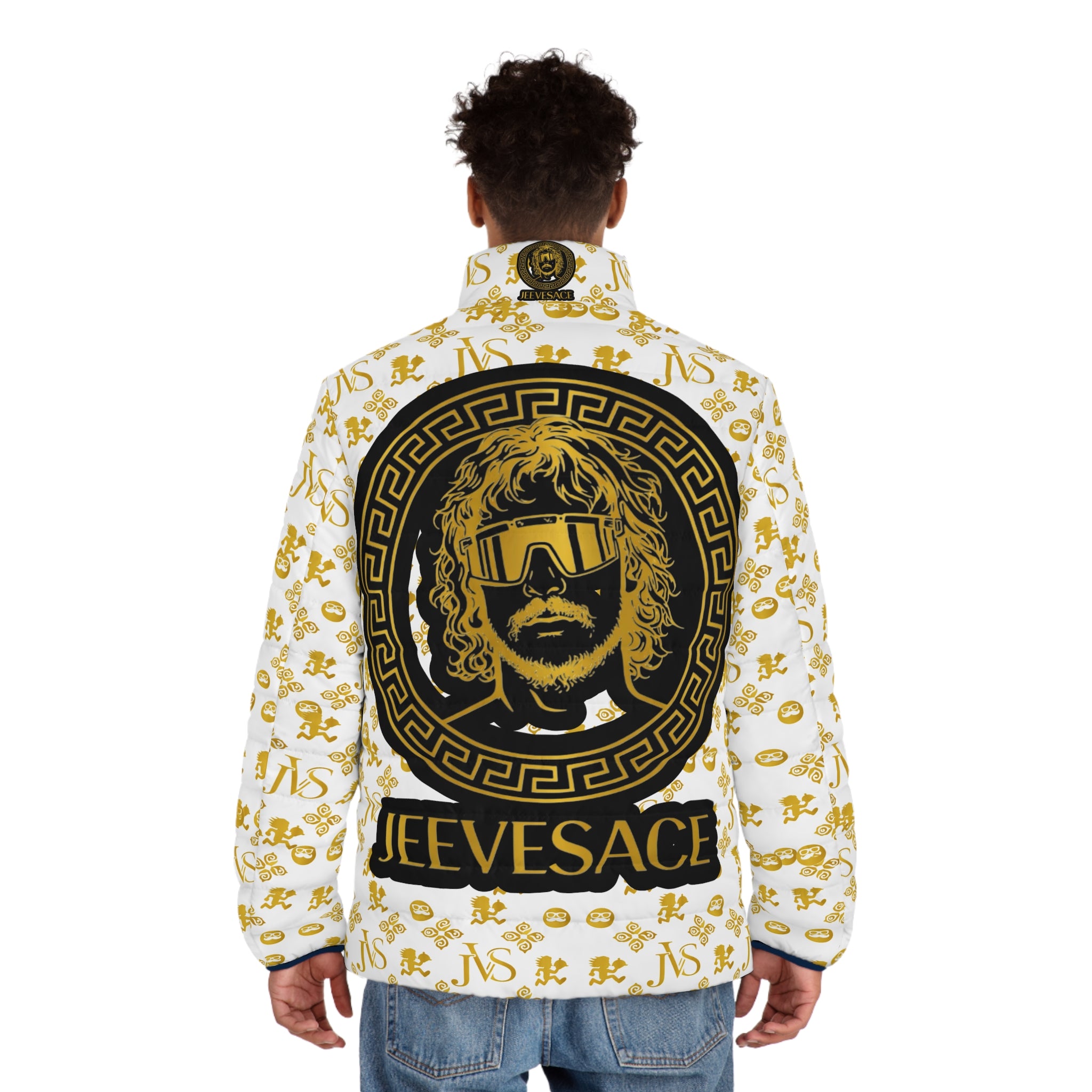 Gold Crest Puffer Jacket — Jeevesace Logo All-Over Print