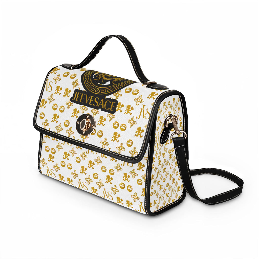 Designer-Inspired Waterproof Canvas Handbag — 'JEEVESACE' Gold Medallion Print