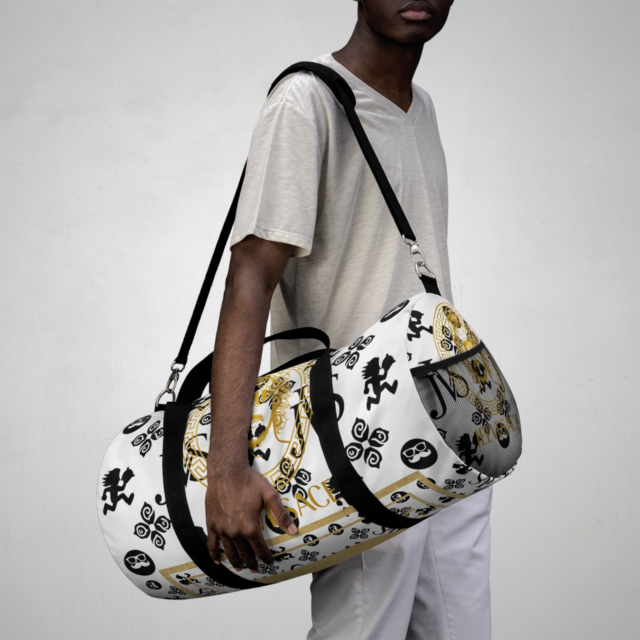 Baroque Lion Crest Duffel Bag — Gold & Black Medusa-Inspired Travel Bag