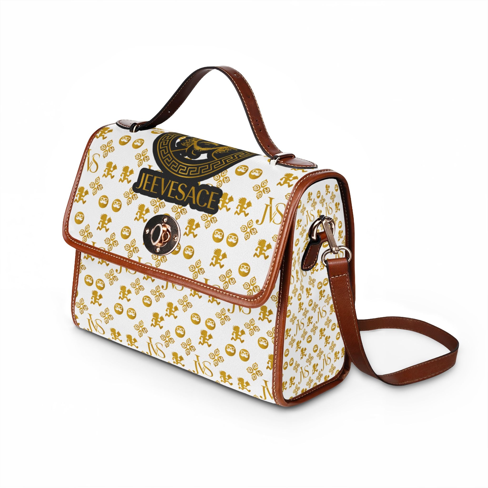 Designer-Inspired Waterproof Canvas Handbag — 'JEEVESACE' Gold Medallion Print