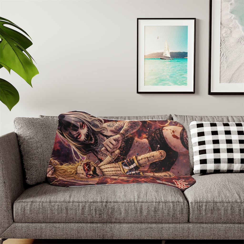Horror Voodoo Doll Sherpa Blanket — Two-Tone Plush Throw