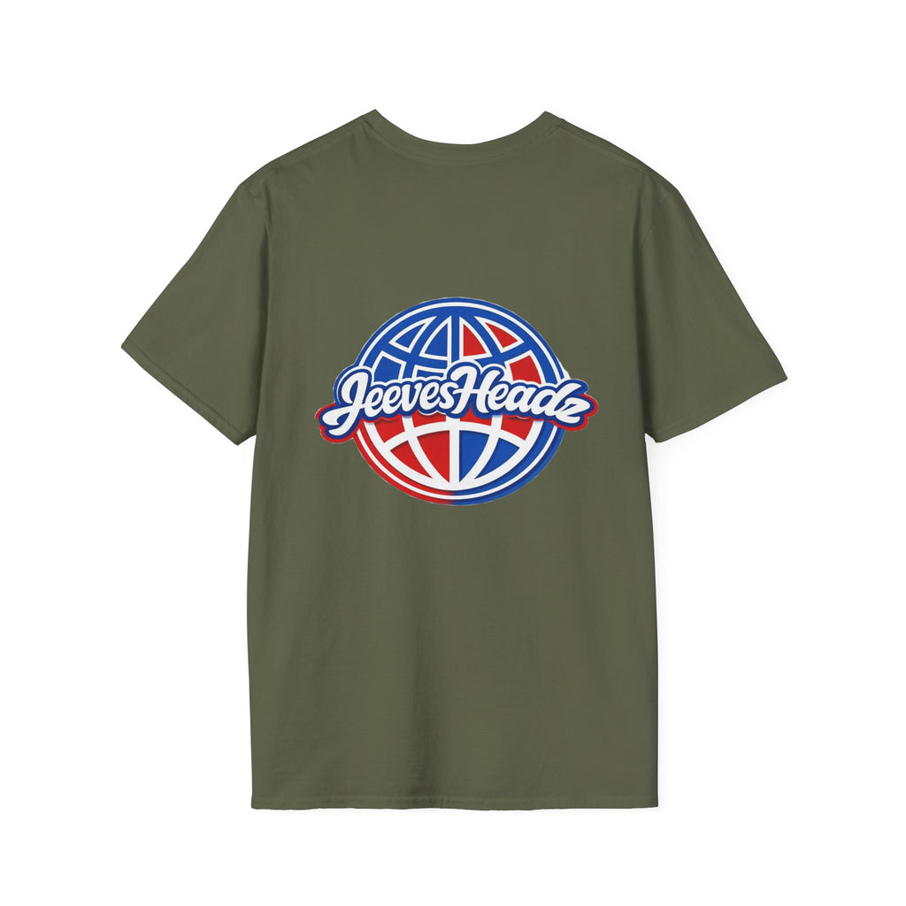 Jeevesheadz Graphic T-Shirt — Retro Logo Tee (Front Mascot & Back Globe)