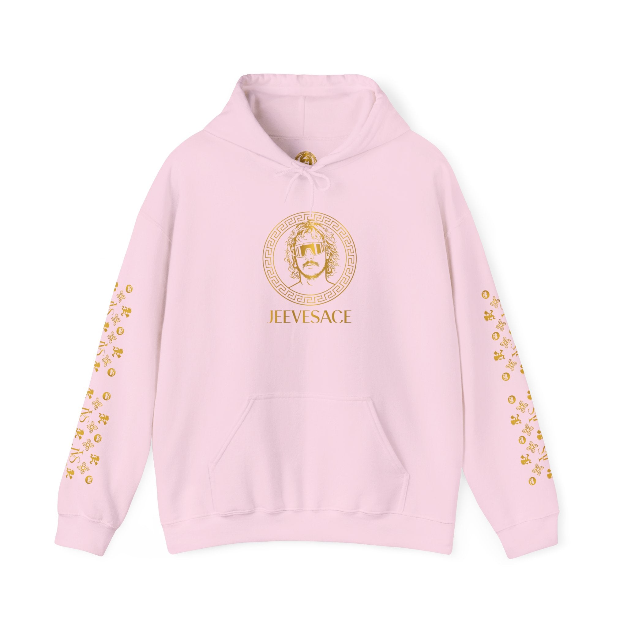 Versace-Inspired Gold Medallion Hoodie — White Graphic Sweatshirt