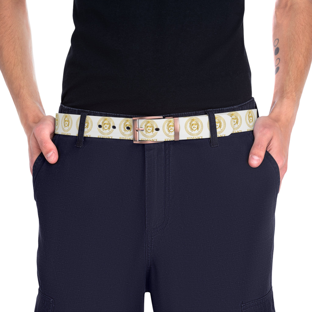 White Gold Coin Print Belt — Fashion Statement Accessory