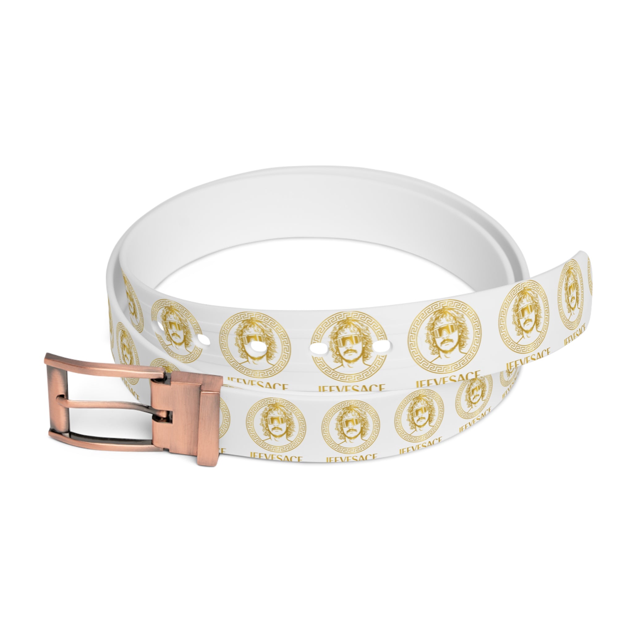 White Gold Coin Print Belt — Fashion Statement Accessory