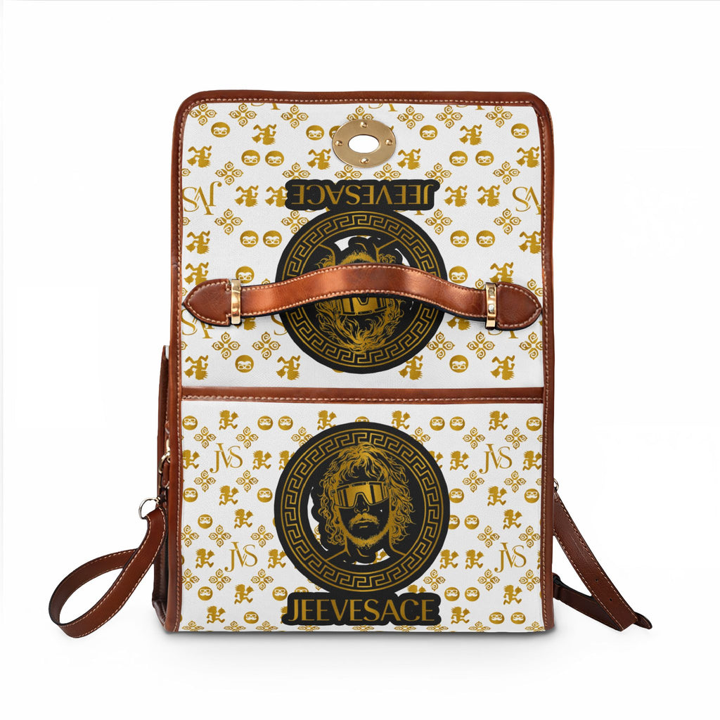 Designer-Inspired Waterproof Canvas Handbag — 'JEEVESACE' Gold Medallion Print