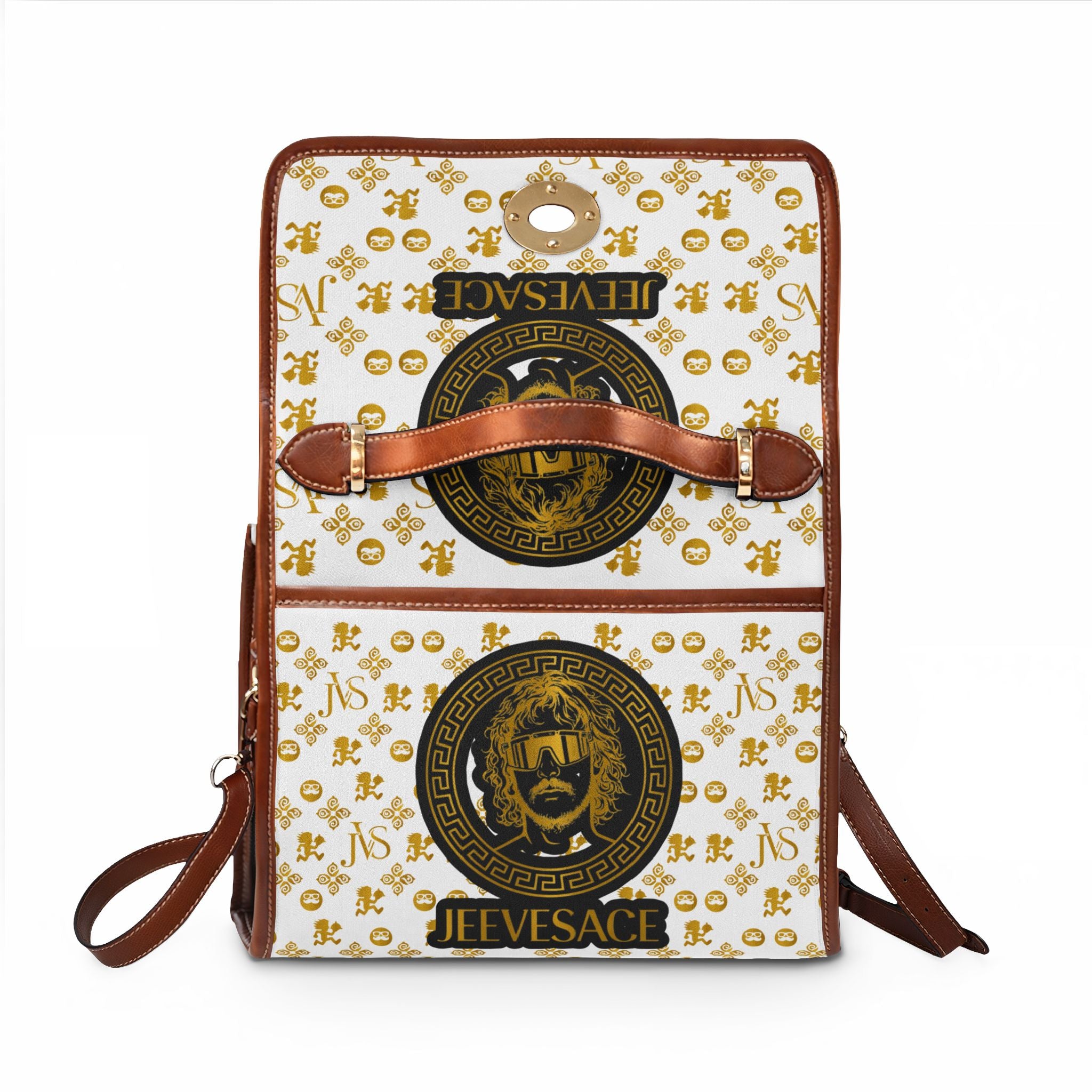 Designer-Inspired Waterproof Canvas Handbag — 'JEEVESACE' Gold Medallion Print