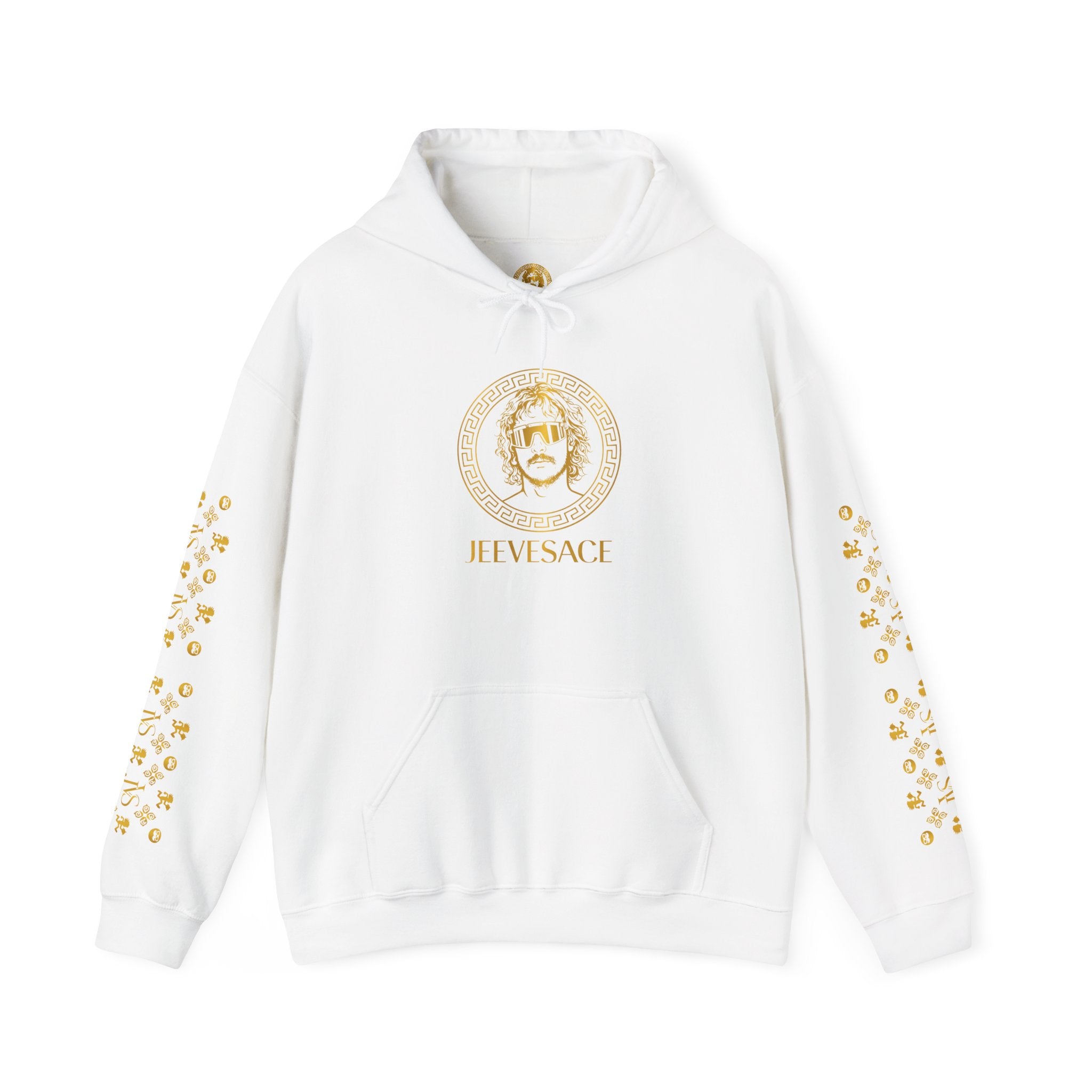Versace-Inspired Gold Medallion Hoodie — White Graphic Sweatshirt