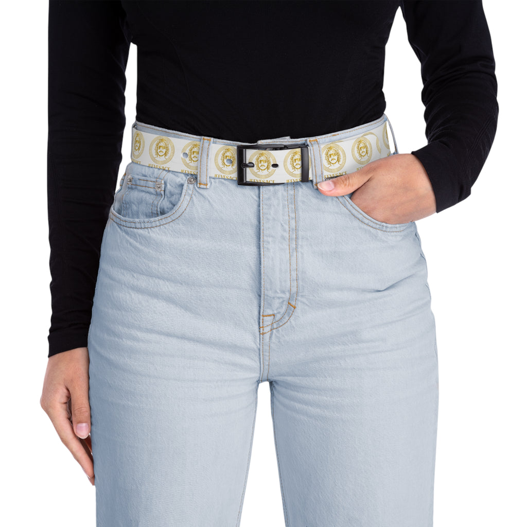 White Gold Coin Print Belt — Fashion Statement Accessory