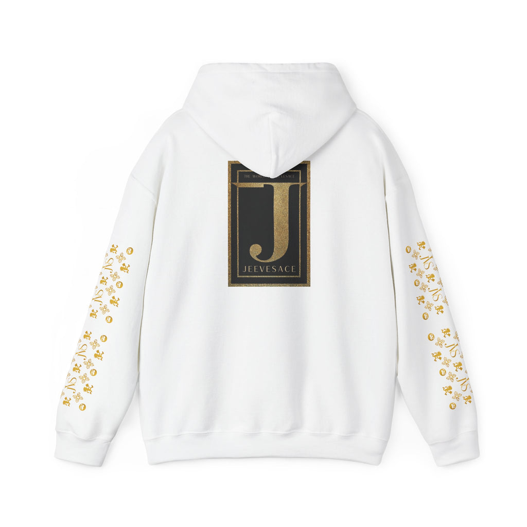 Versace-Inspired Gold Medallion Hoodie — White Graphic Sweatshirt