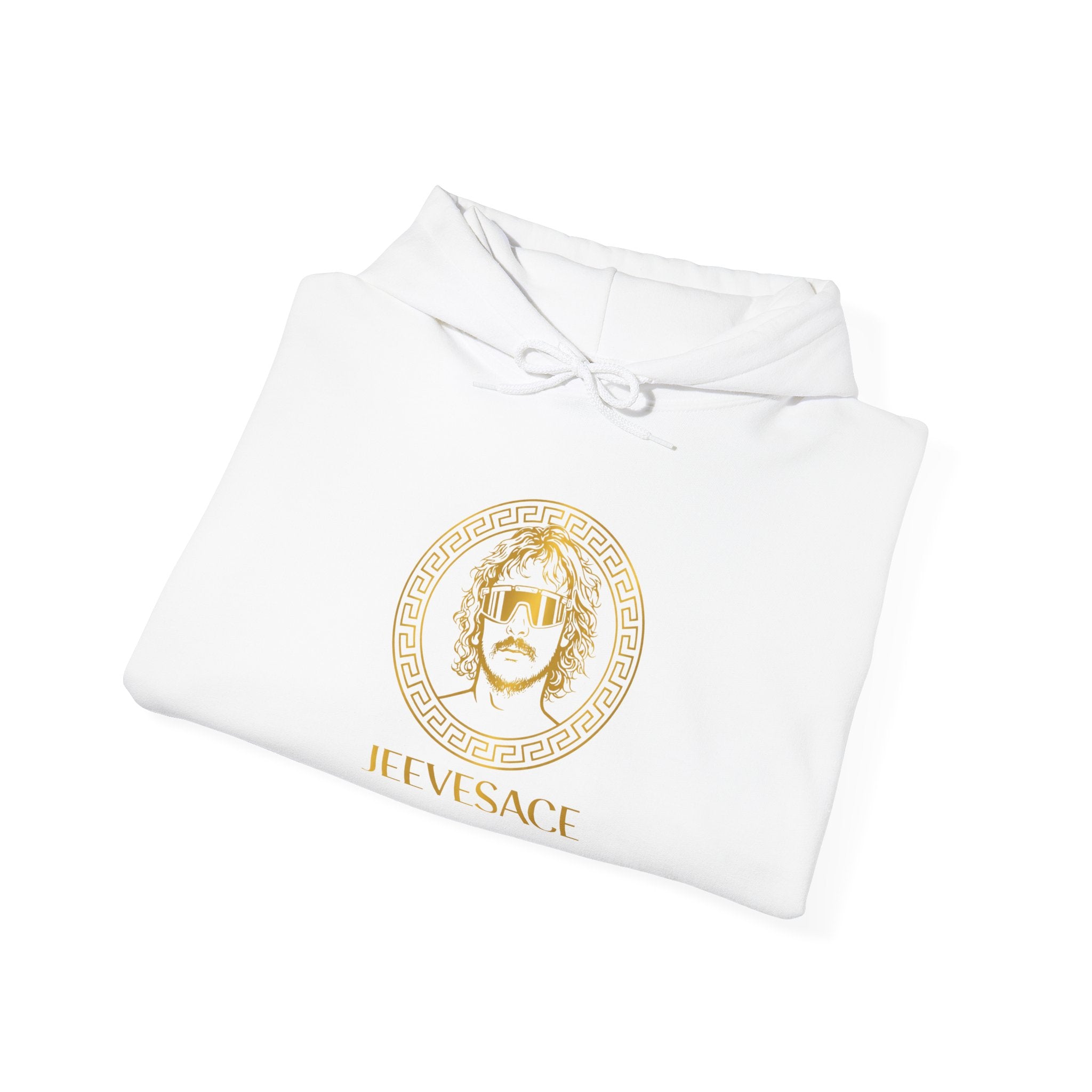 Versace-Inspired Gold Medallion Hoodie — White Graphic Sweatshirt