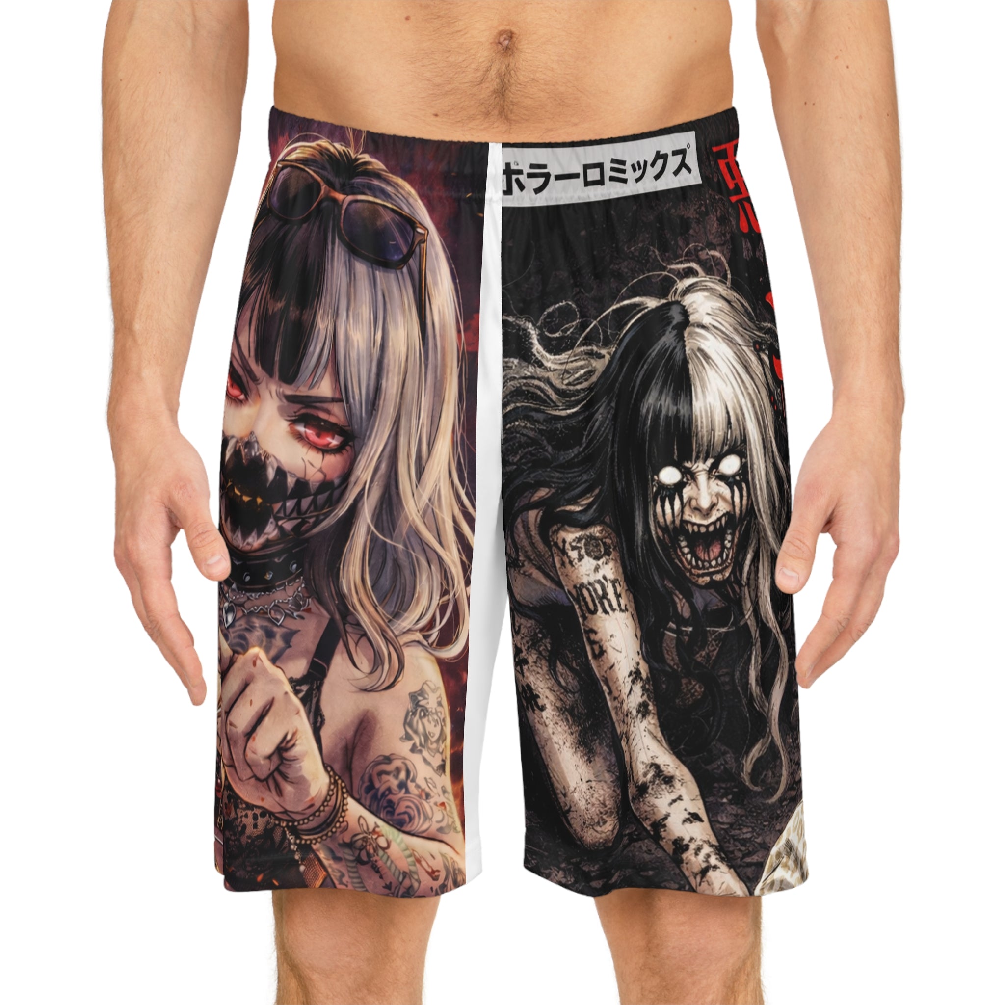 Horror Anime Basketball Shorts — Demon Punk AOP Graphic Athletic Shorts