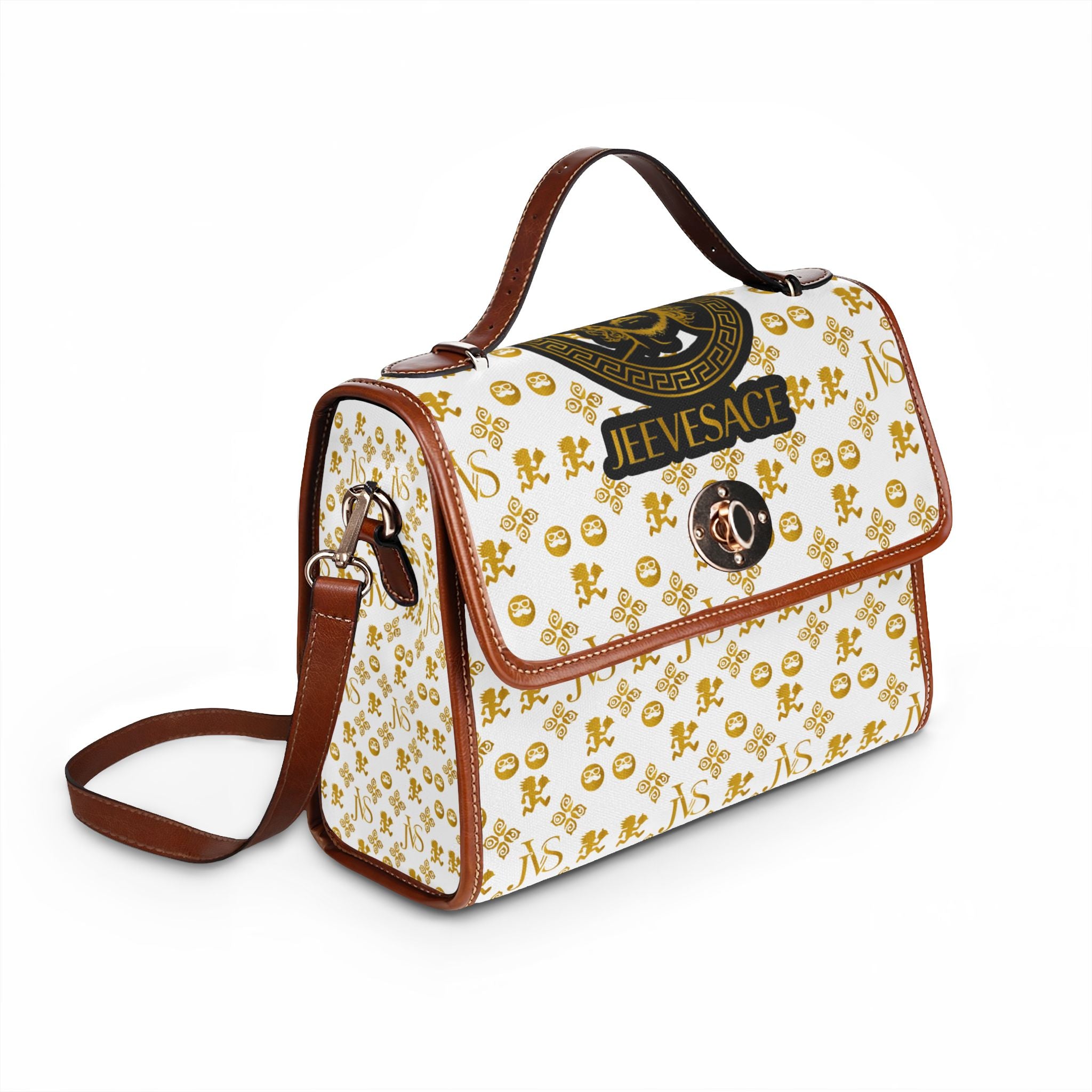Designer-Inspired Waterproof Canvas Handbag — 'JEEVESACE' Gold Medallion Print