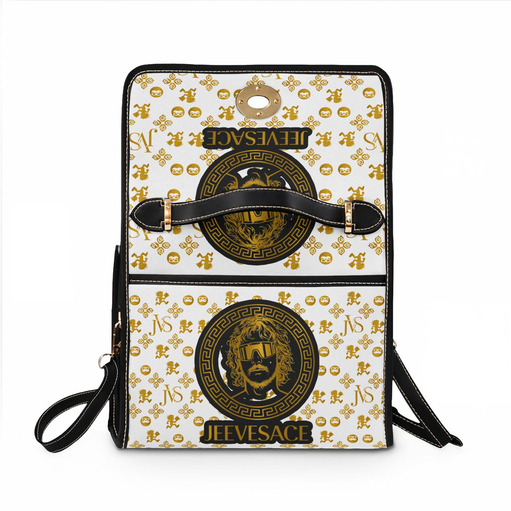Designer-Inspired Waterproof Canvas Handbag — 'JEEVESACE' Gold Medallion Print