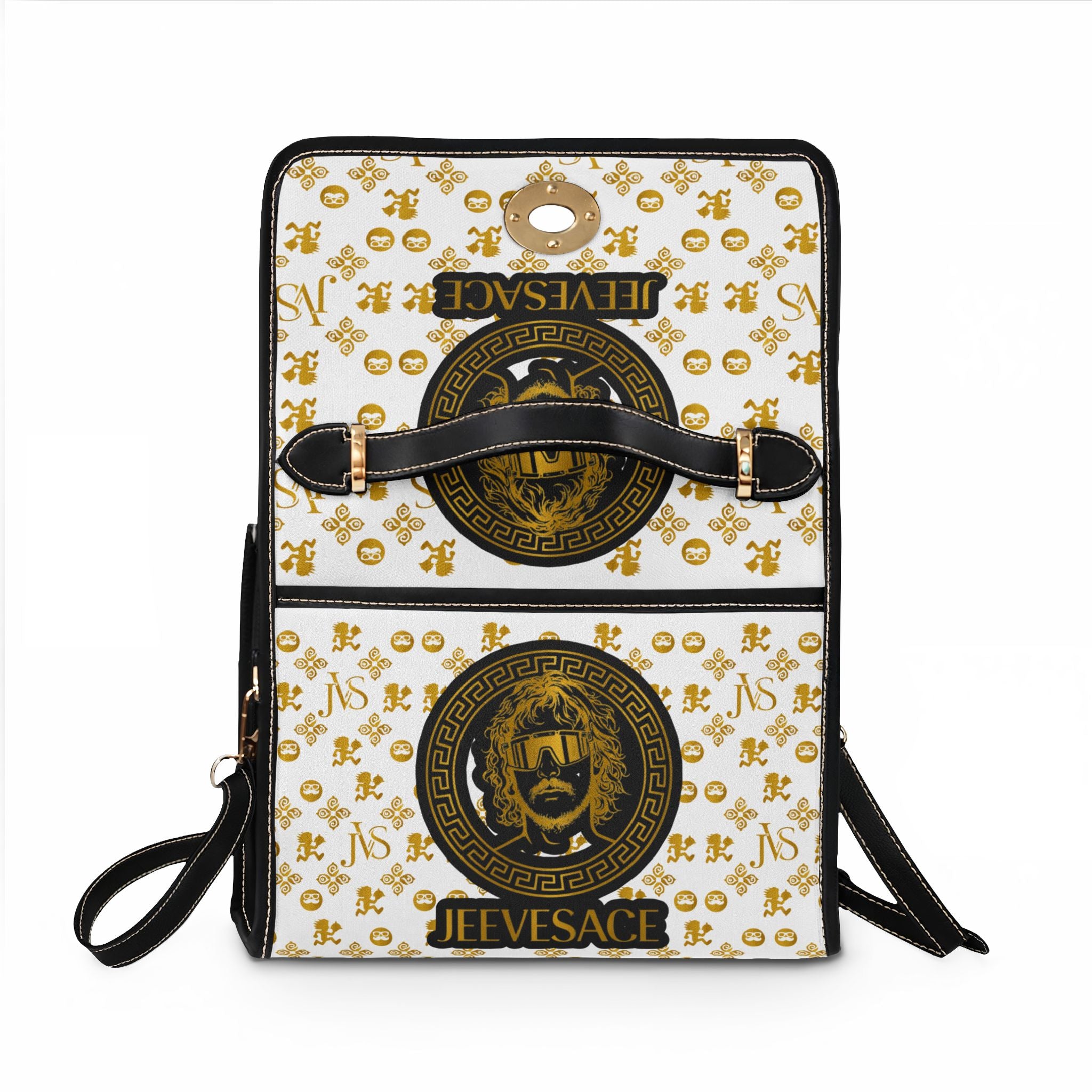 Designer-Inspired Waterproof Canvas Handbag — 'JEEVESACE' Gold Medallion Print