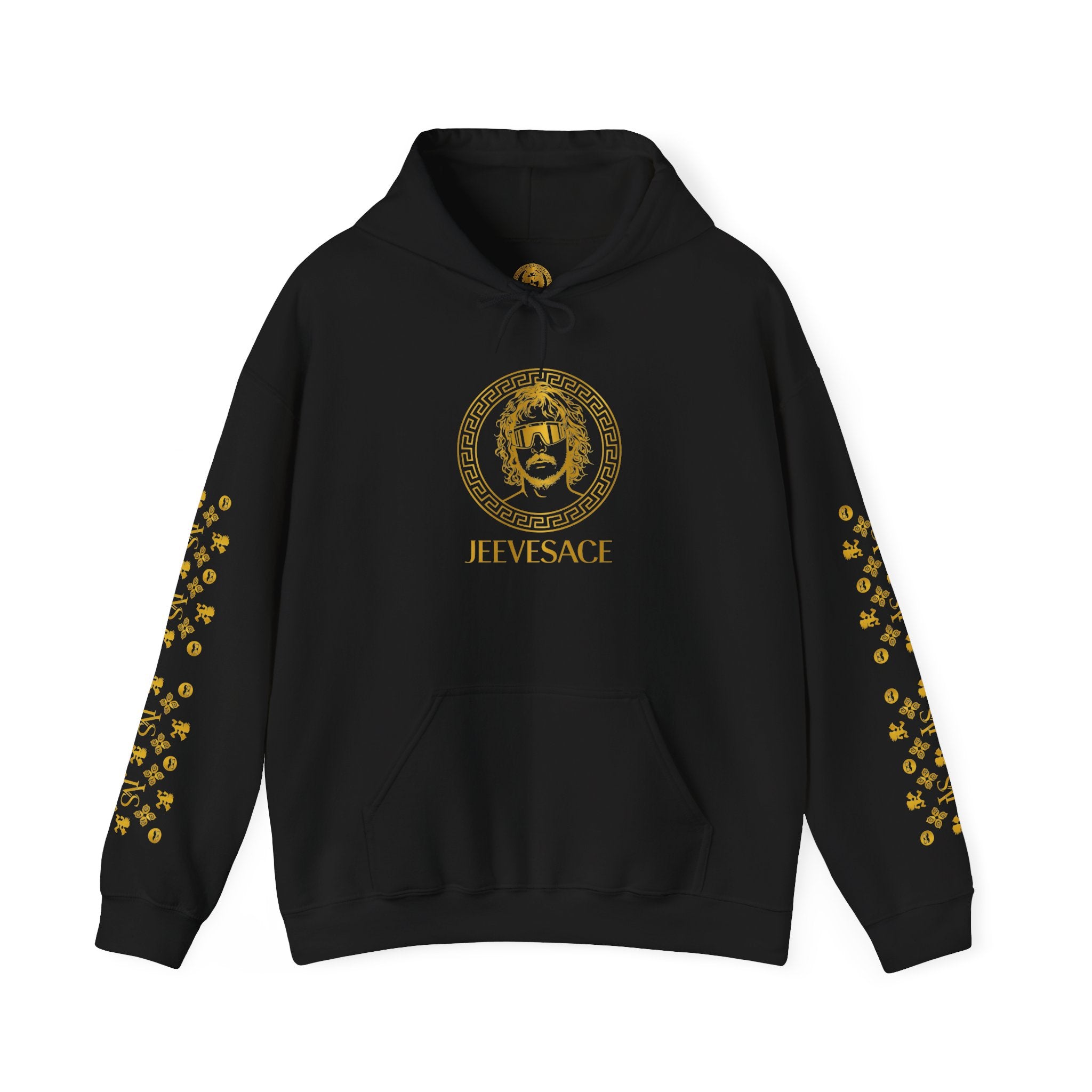 Versace-Inspired Gold Medallion Hoodie — White Graphic Sweatshirt