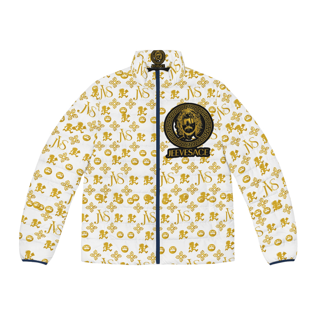 Gold Crest Puffer Jacket — Jeevesace Logo All-Over Print