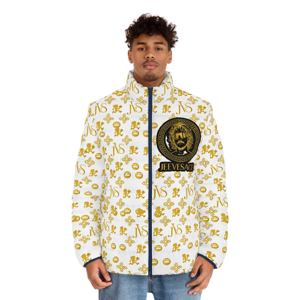 Gold Crest Puffer Jacket — Jeevesace Logo All-Over Print