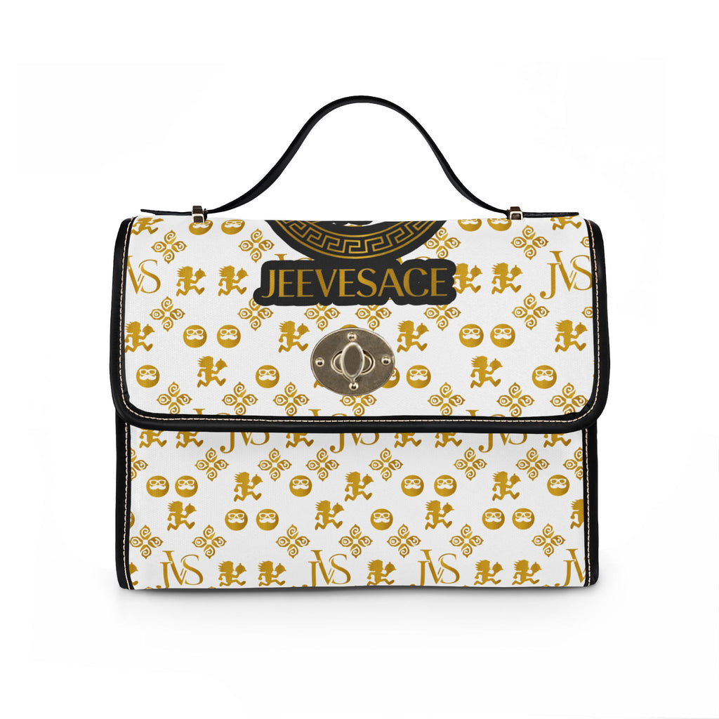 Designer-Inspired Waterproof Canvas Handbag — 'JEEVESACE' Gold Medallion Print