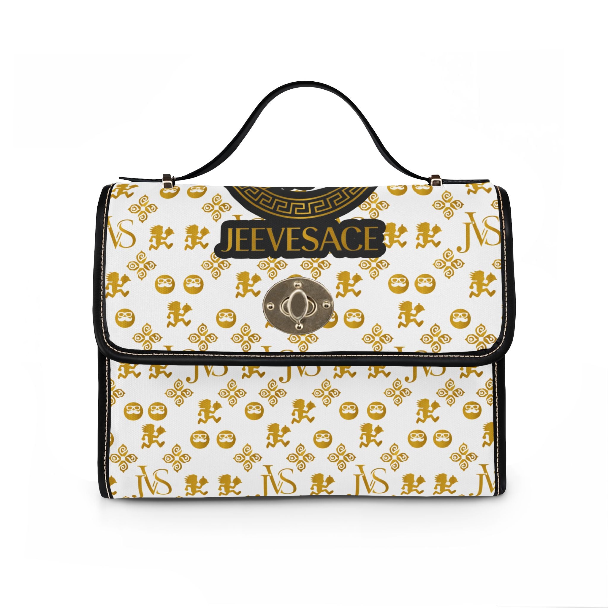 Designer-Inspired Waterproof Canvas Handbag — 'JEEVESACE' Gold Medallion Print