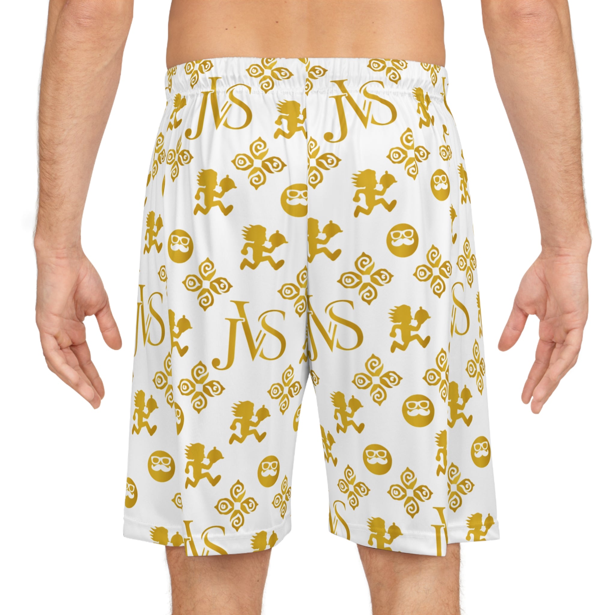 Basketball Shorts — White & Gold Monogram AOP Athletic Shorts