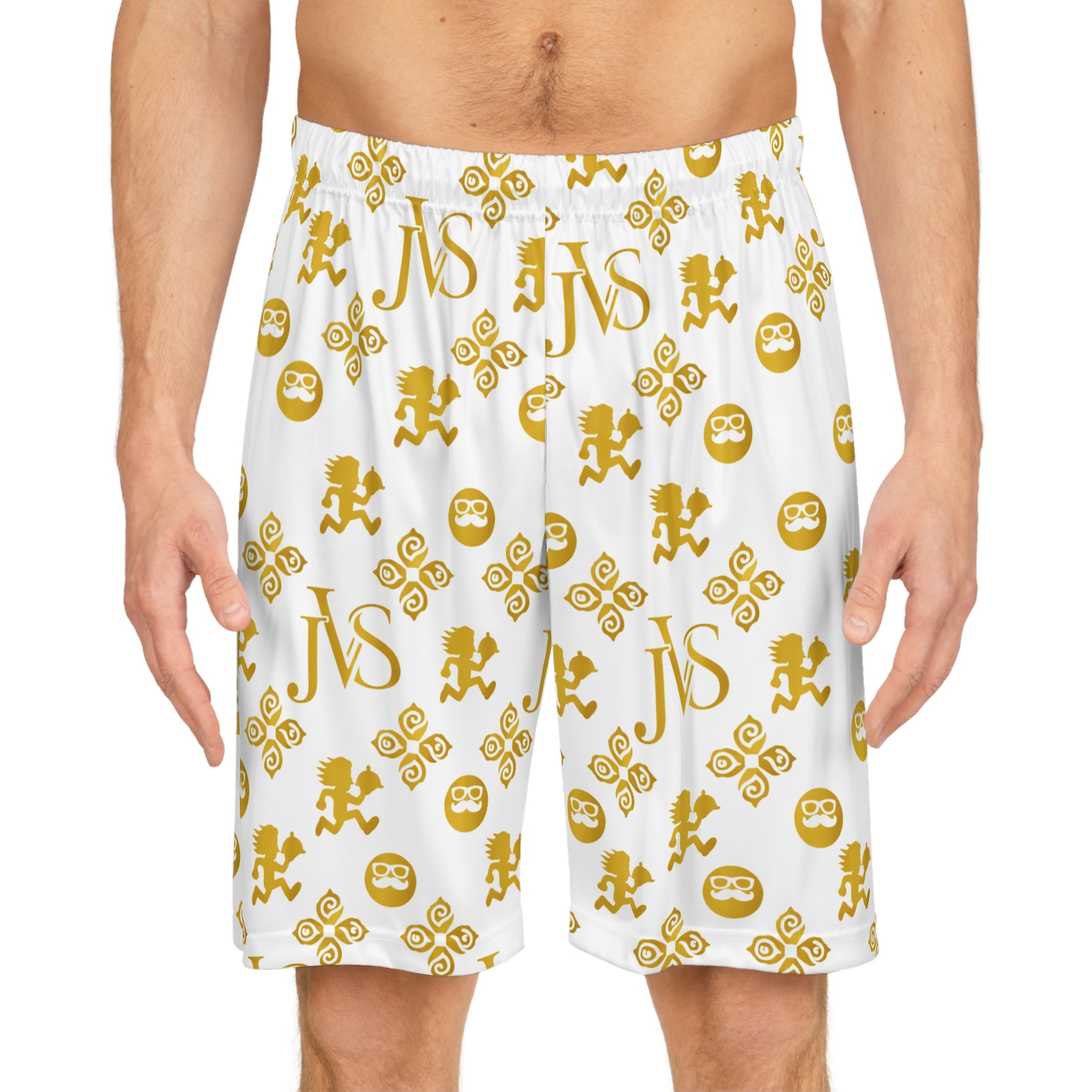 Basketball Shorts — White & Gold Monogram AOP Athletic Shorts